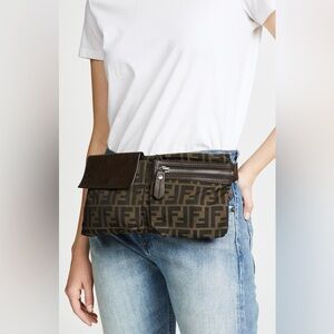 FENDI Brown Tobacco FF Zucca Print Canvas Double Pocket Belt Bag